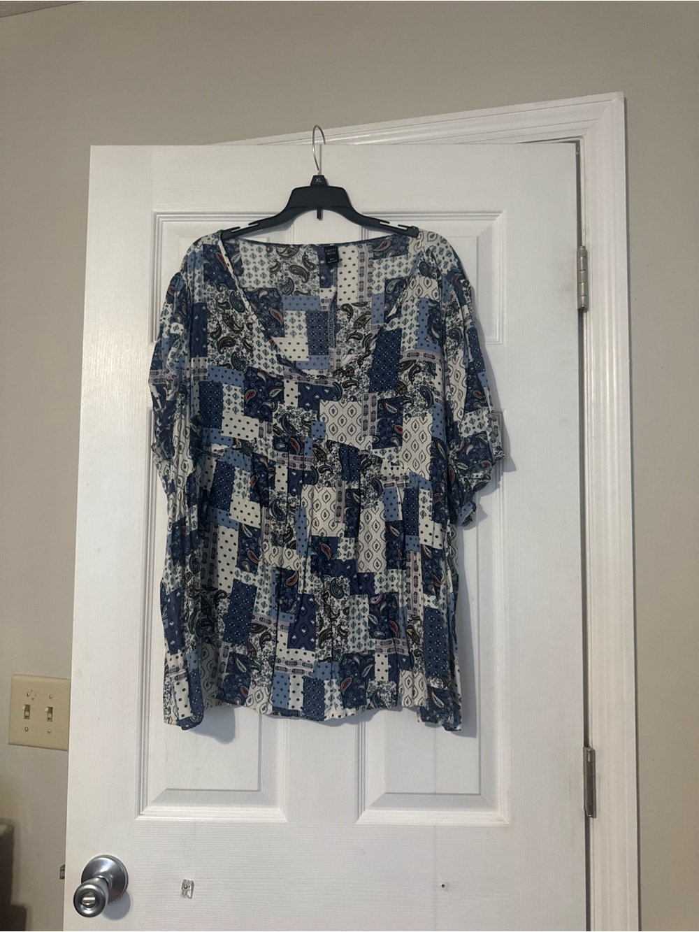 Blue Patchwork V-Neck Peasant Blouse